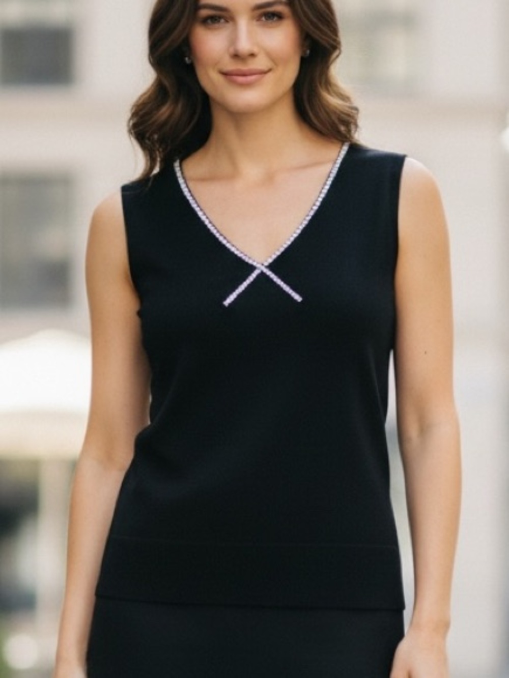 NWT Chetta B Silk Cashmere Rhinestone V Neck Tank Top Black Knit Sz L